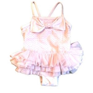 Little Me Swimsuit Pink Tutu One Piece  Bow Front Sparkle Bodice Size 12 M